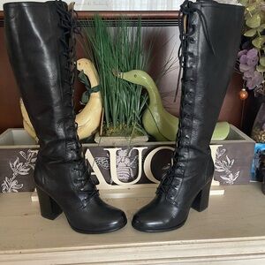 Frye Black Leather Parker Lace Up High Boots